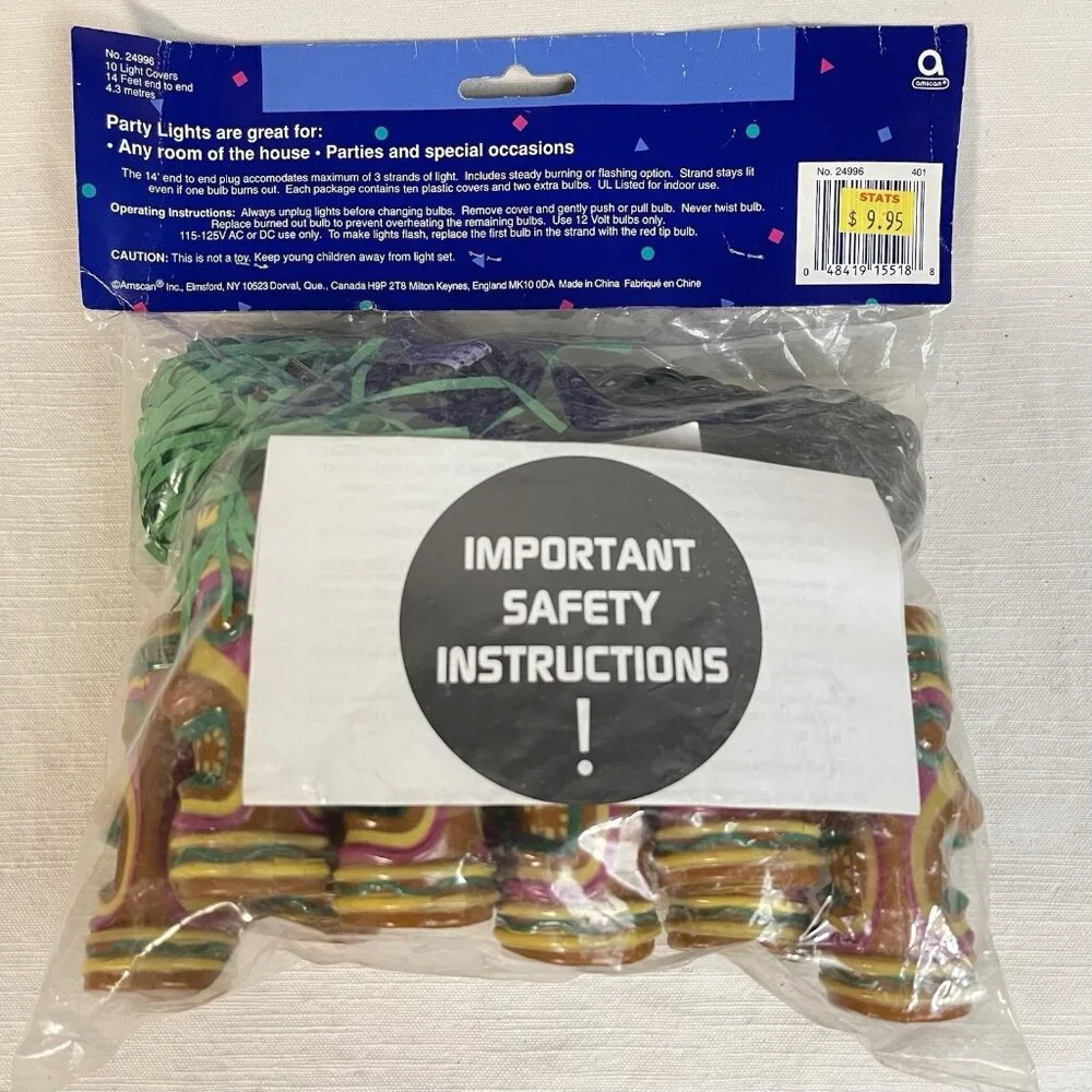 Amscan Tiki Party Lights 10 Blow Mold Style Covers RV Camper Luau Decor 14ft NOS
